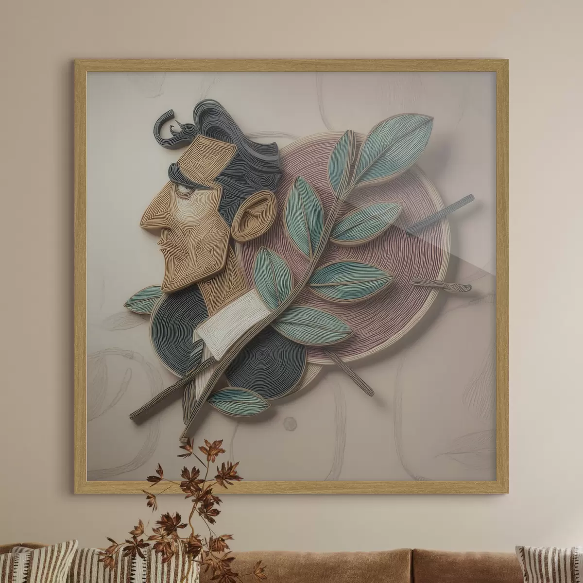 Poster Abstraktes Männerporträt mit einem belaubten Zweig im strukturierten Illustrationsstil f49711