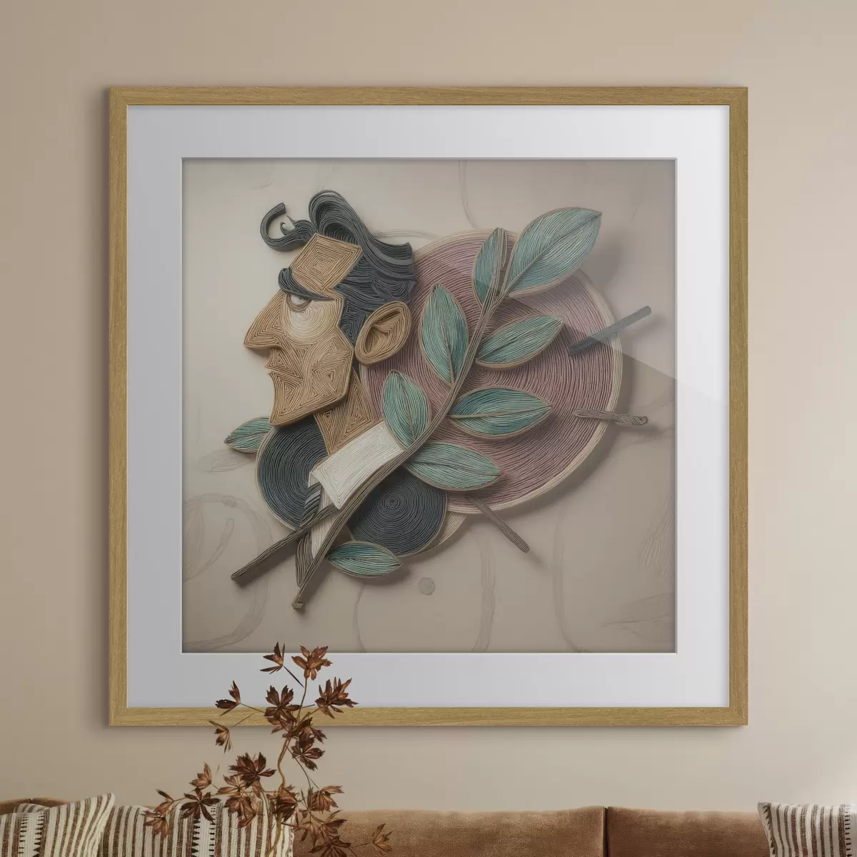 Poster Abstraktes Männerporträt mit einem belaubten Zweig im strukturierten Illustrationsstil f49711