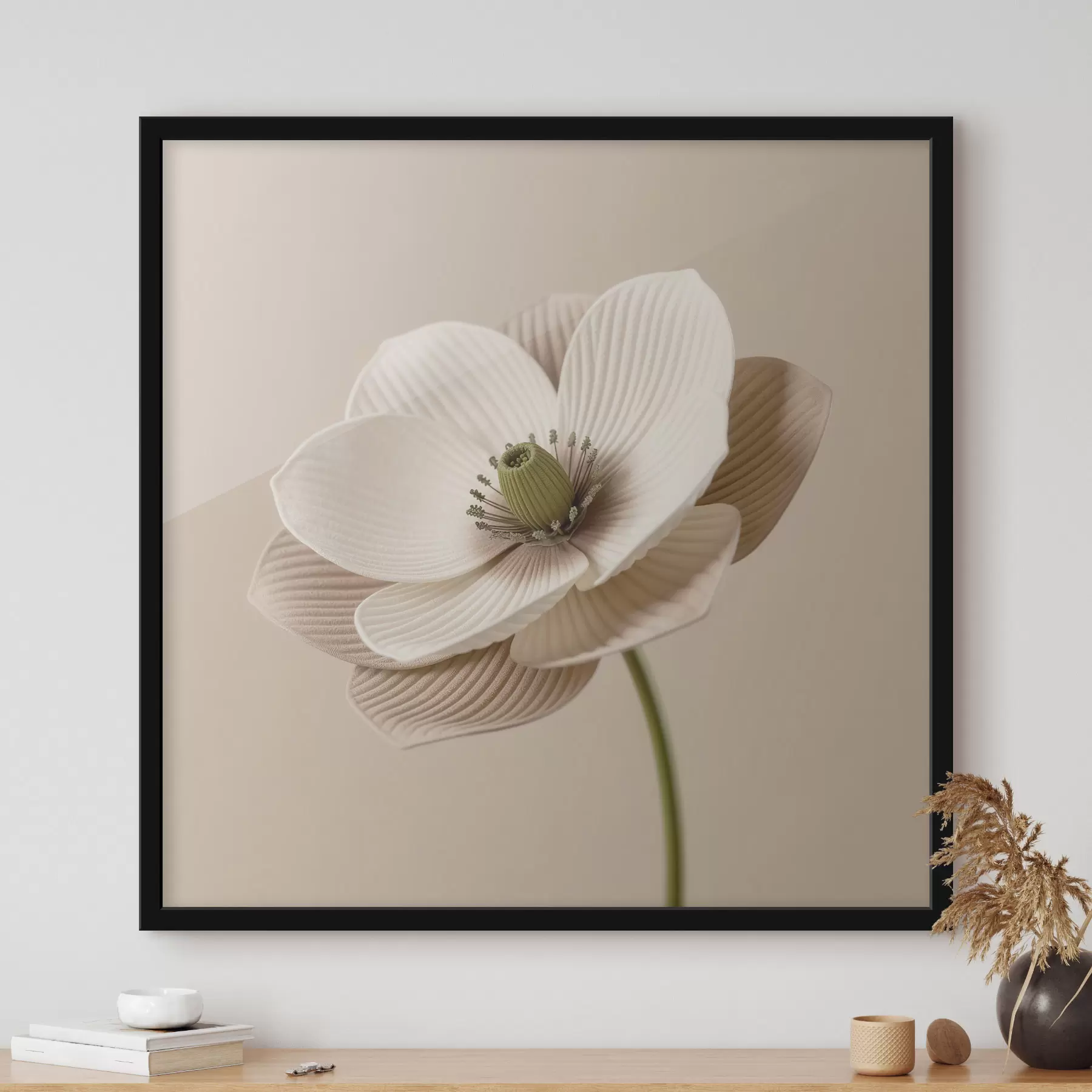 Fototapete Blume mit strukturierten Blütenblättern in Beigetönen im minimalistischen Stil f49719