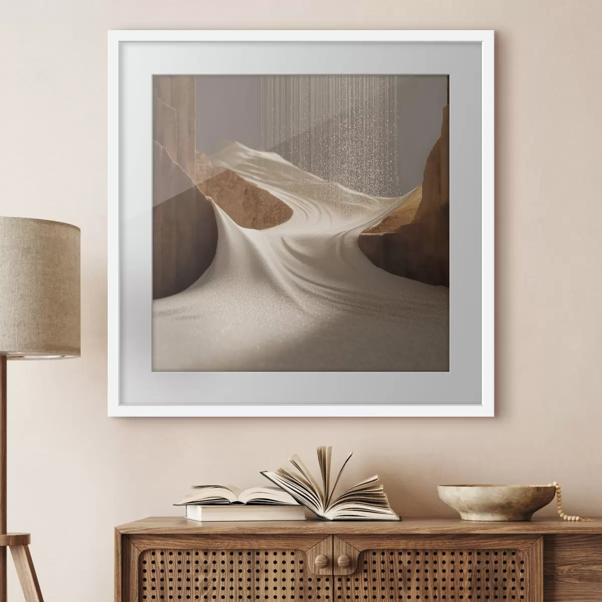 Poster Stilisierte Bergschlucht in einer Farbpalette aus Beige- und Brauntönen f49722