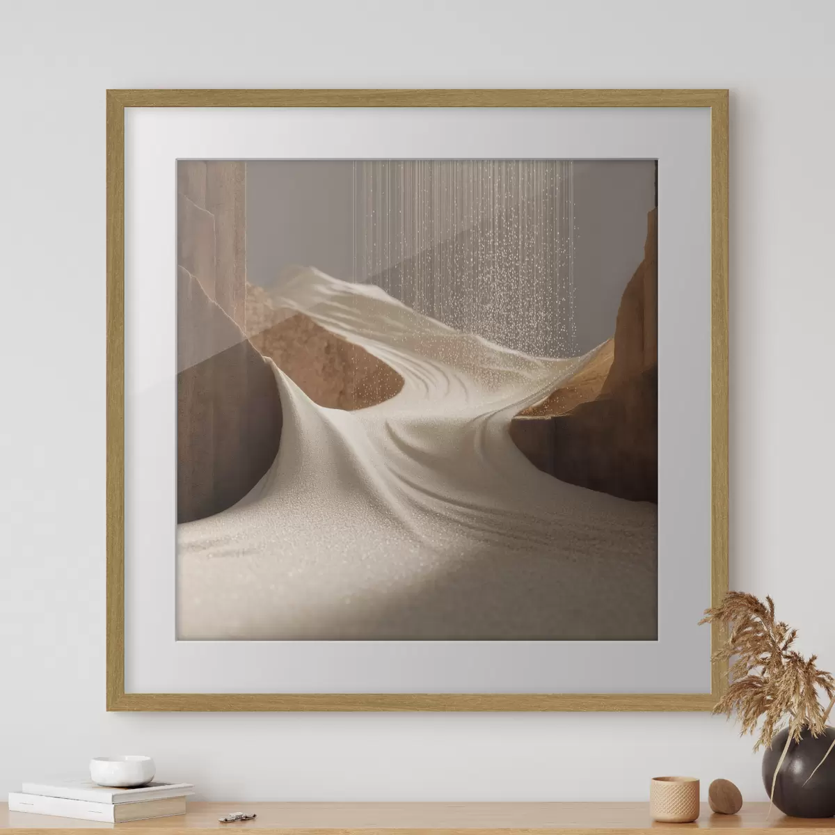 Poster Stilisierte Bergschlucht in einer Farbpalette aus Beige- und Brauntönen f49722