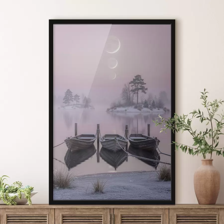 Fototapete Landschaft mit einem See, Booten und Mondphasen im Pastellstil f49724