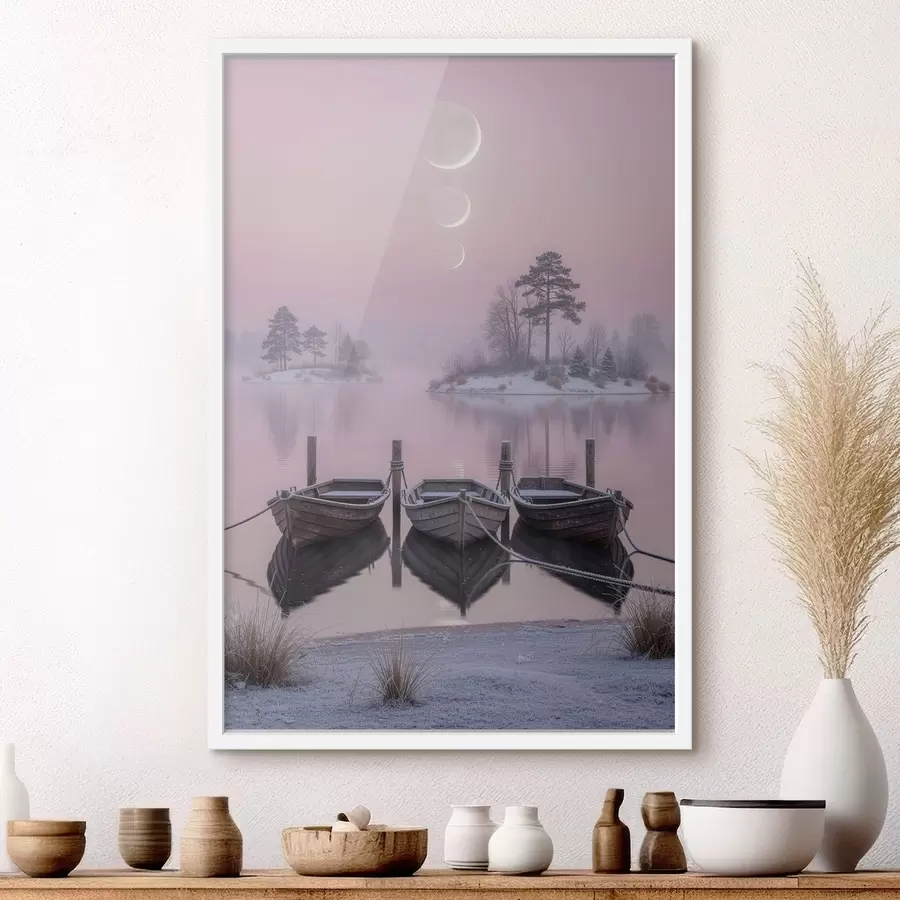 Fototapete Landschaft mit einem See, Booten und Mondphasen im Pastellstil f49724
