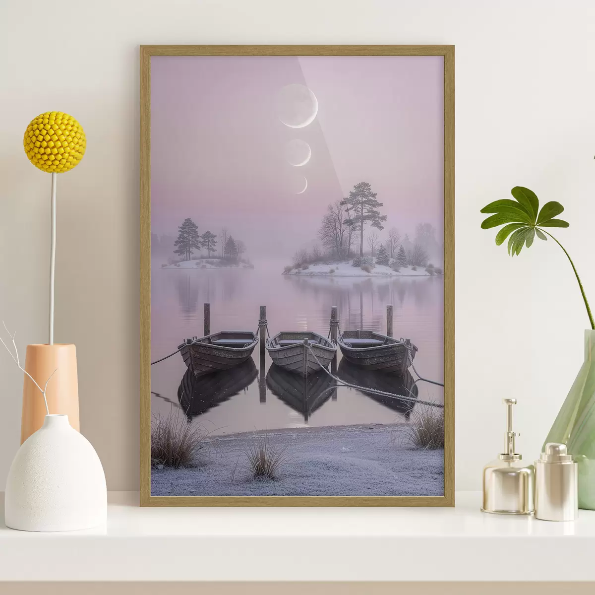 Poster Landschaft mit einem See, Booten und Mondphasen im Pastellstil f49724