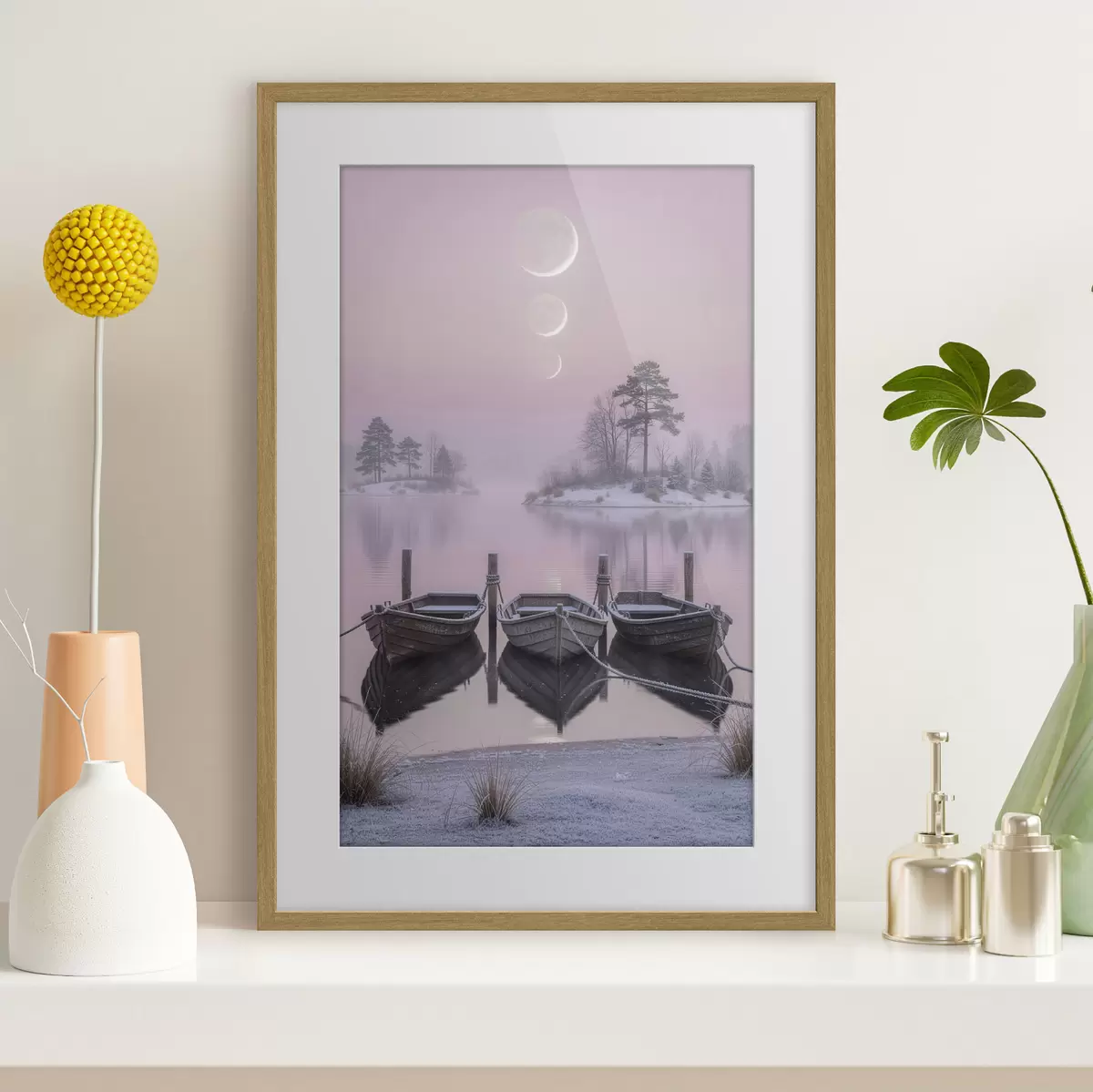 Poster Landschaft mit einem See, Booten und Mondphasen im Pastellstil f49724
