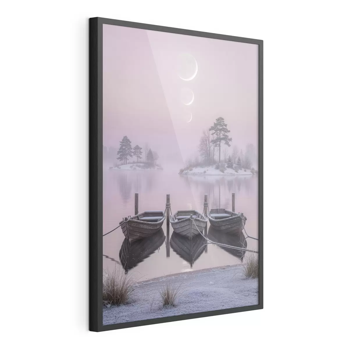 Poster Landschaft mit einem See, Booten und Mondphasen im Pastellstil f49724