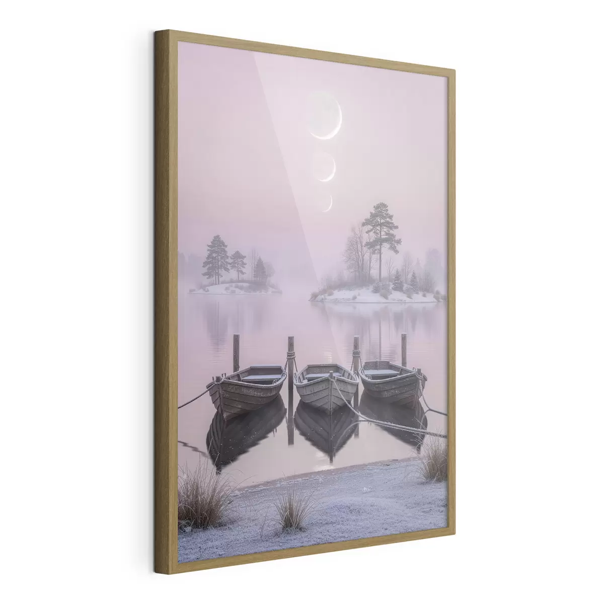 Poster Landschaft mit einem See, Booten und Mondphasen im Pastellstil f49724