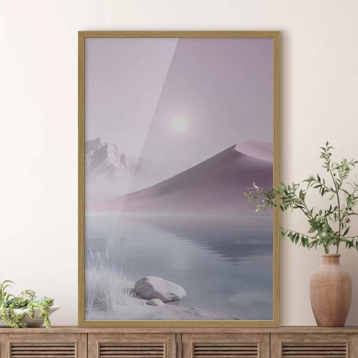 Poster Bergsee in der Nähe eines sandigen Hügels in Pastelltönen f49725