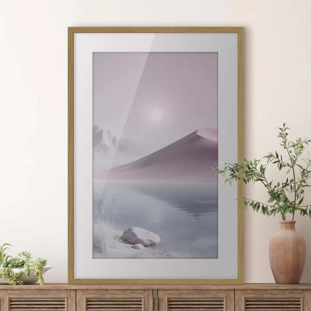 Poster Bergsee in der Nähe eines sandigen Hügels in Pastelltönen f49725