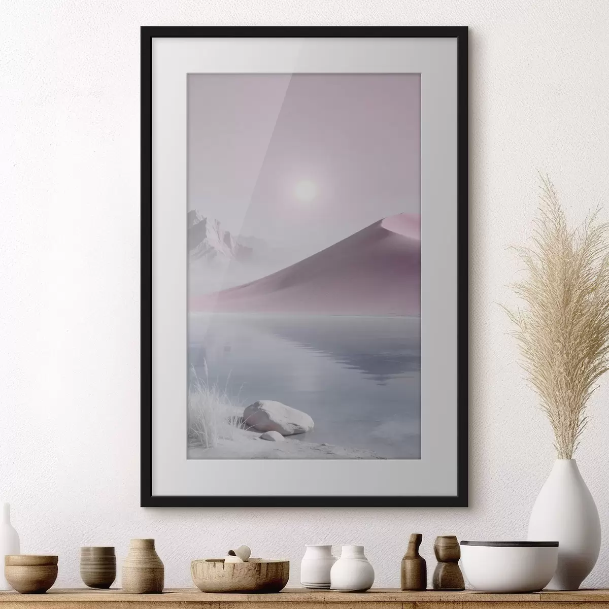 Poster Bergsee in der Nähe eines sandigen Hügels in Pastelltönen f49725