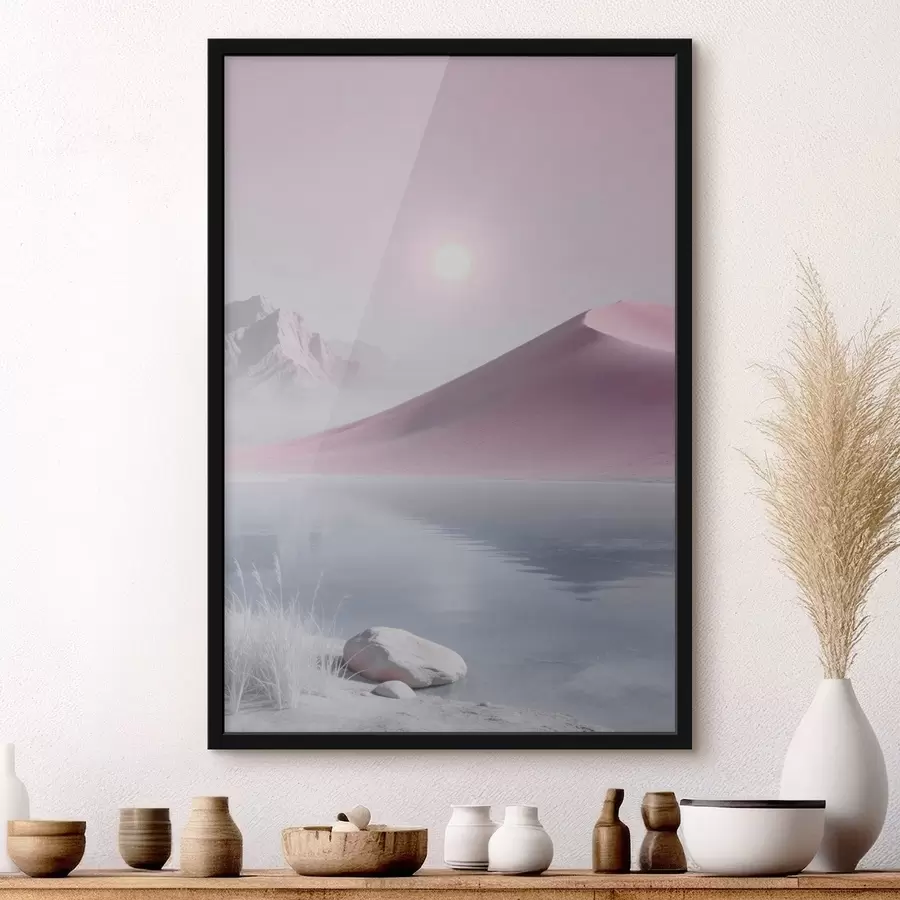 Fototapete Bergsee in der Nähe eines sandigen Hügels in Pastelltönen f49725