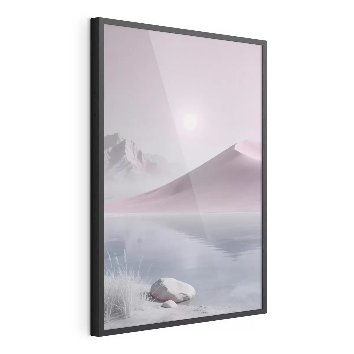 Poster Bergsee in der Nähe eines sandigen Hügels in Pastelltönen f49725