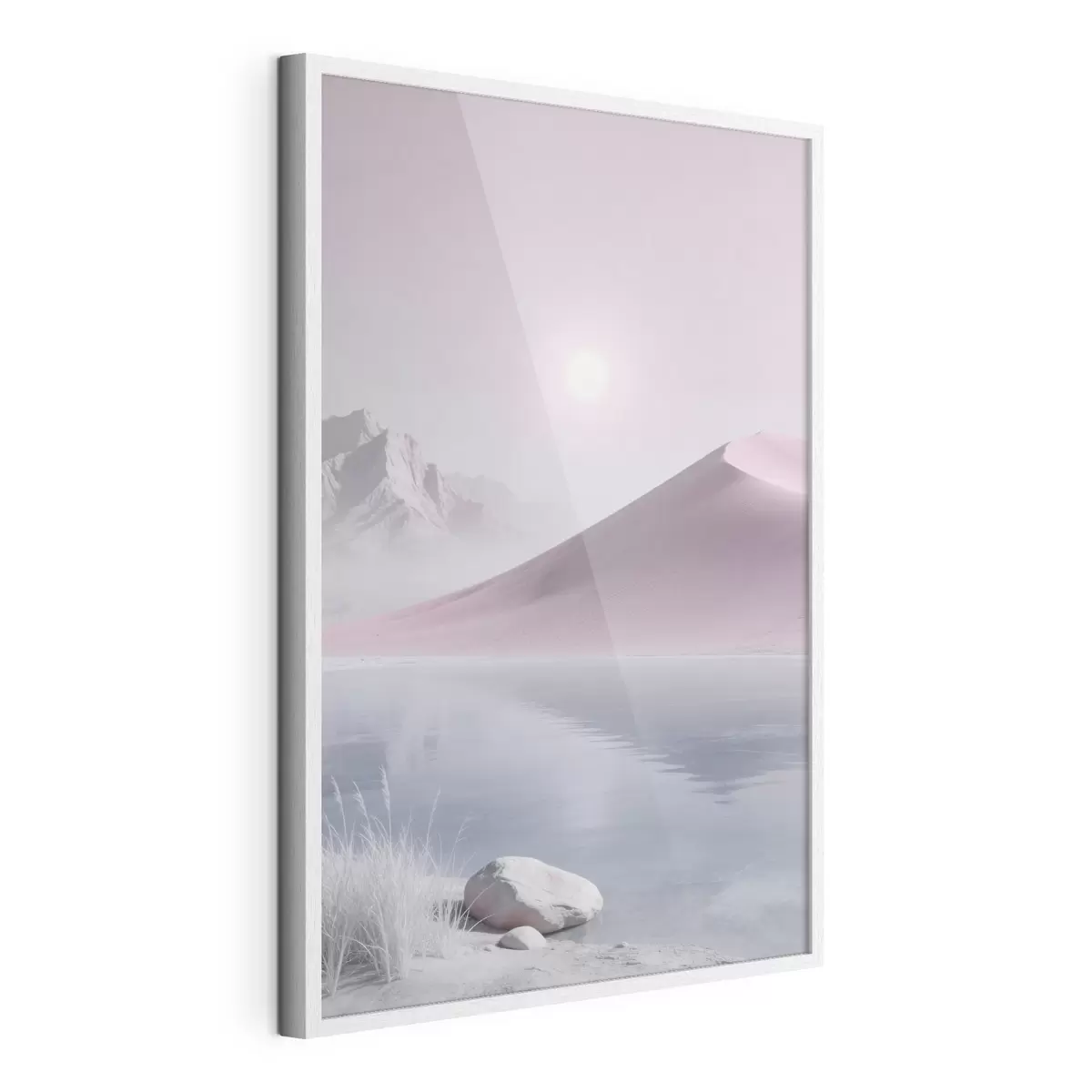 Poster Bergsee in der Nähe eines sandigen Hügels in Pastelltönen f49725