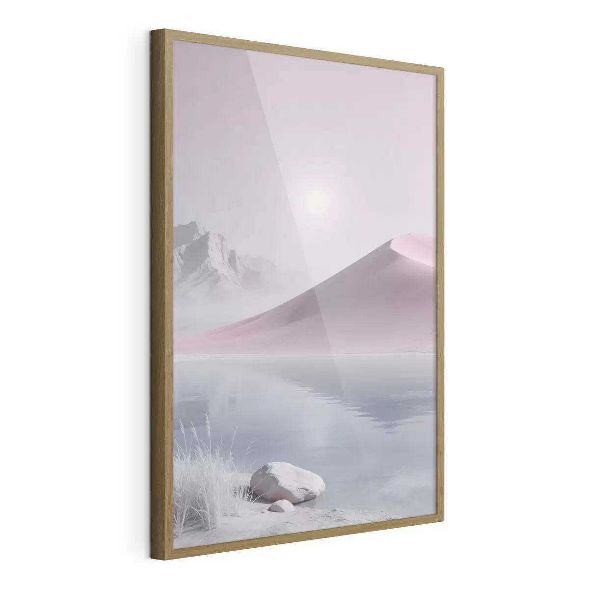 Poster Bergsee in der Nähe eines sandigen Hügels in Pastelltönen f49725