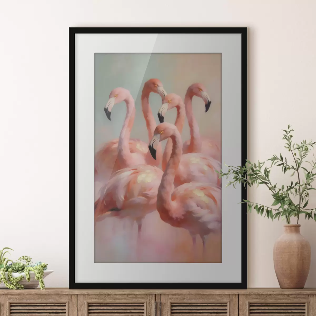 Poster Rosa Flamingos in sanften Pastelltönen im Ölgemälde-Stil f49726