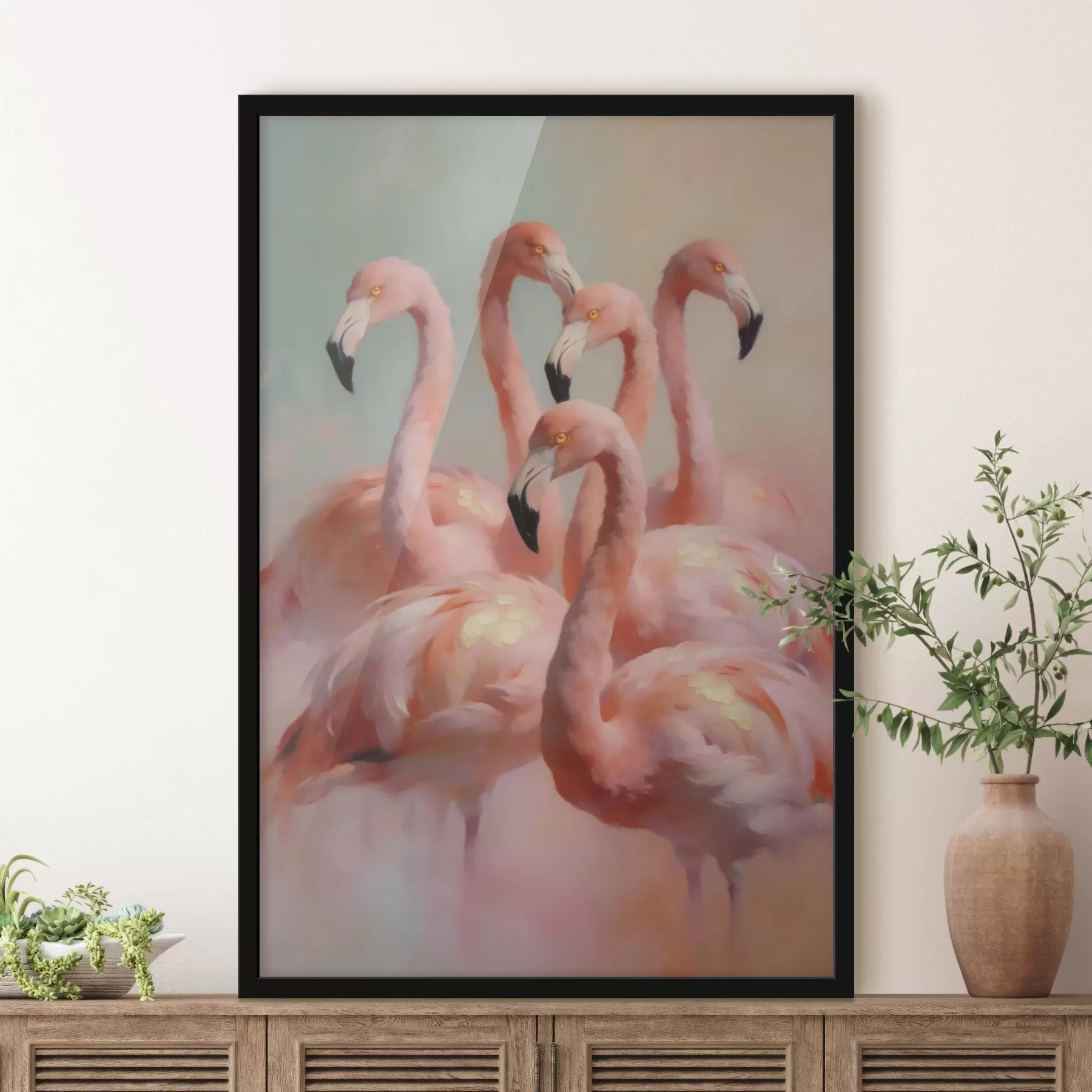 Fototapete Rosa Flamingos in sanften Pastelltönen im Ölgemälde-Stil f49726