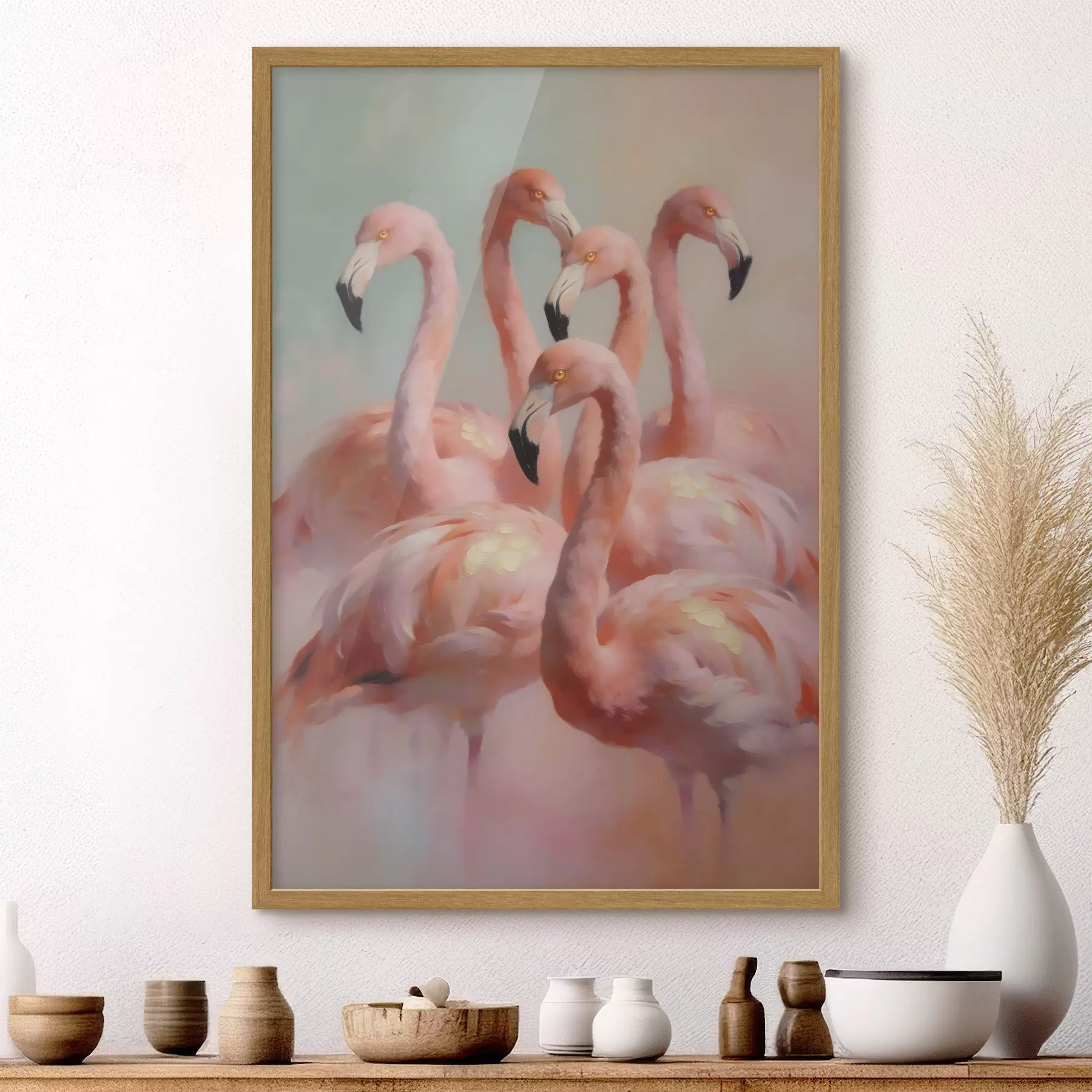 Fototapete Rosa Flamingos in sanften Pastelltönen im Ölgemälde-Stil f49726