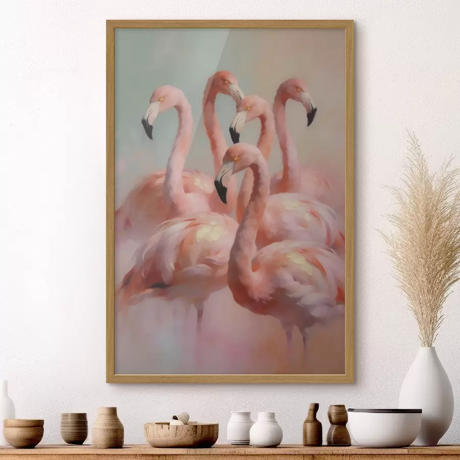 Fototapete Rosa Flamingos in sanften Pastelltönen im Ölgemälde-Stil f49726
