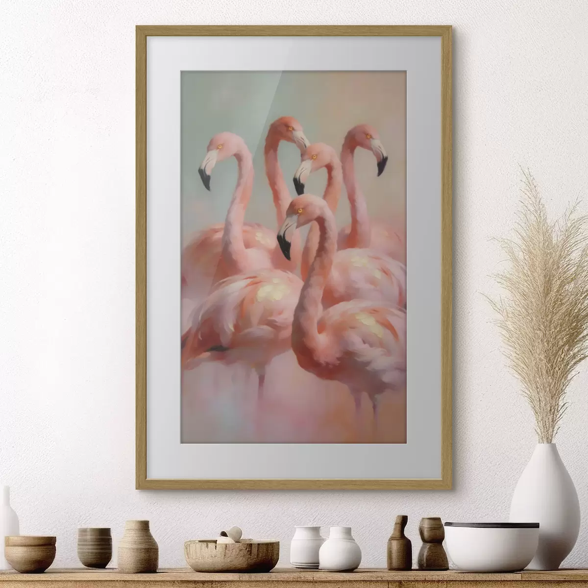 Poster Rosa Flamingos in sanften Pastelltönen im Ölgemälde-Stil f49726