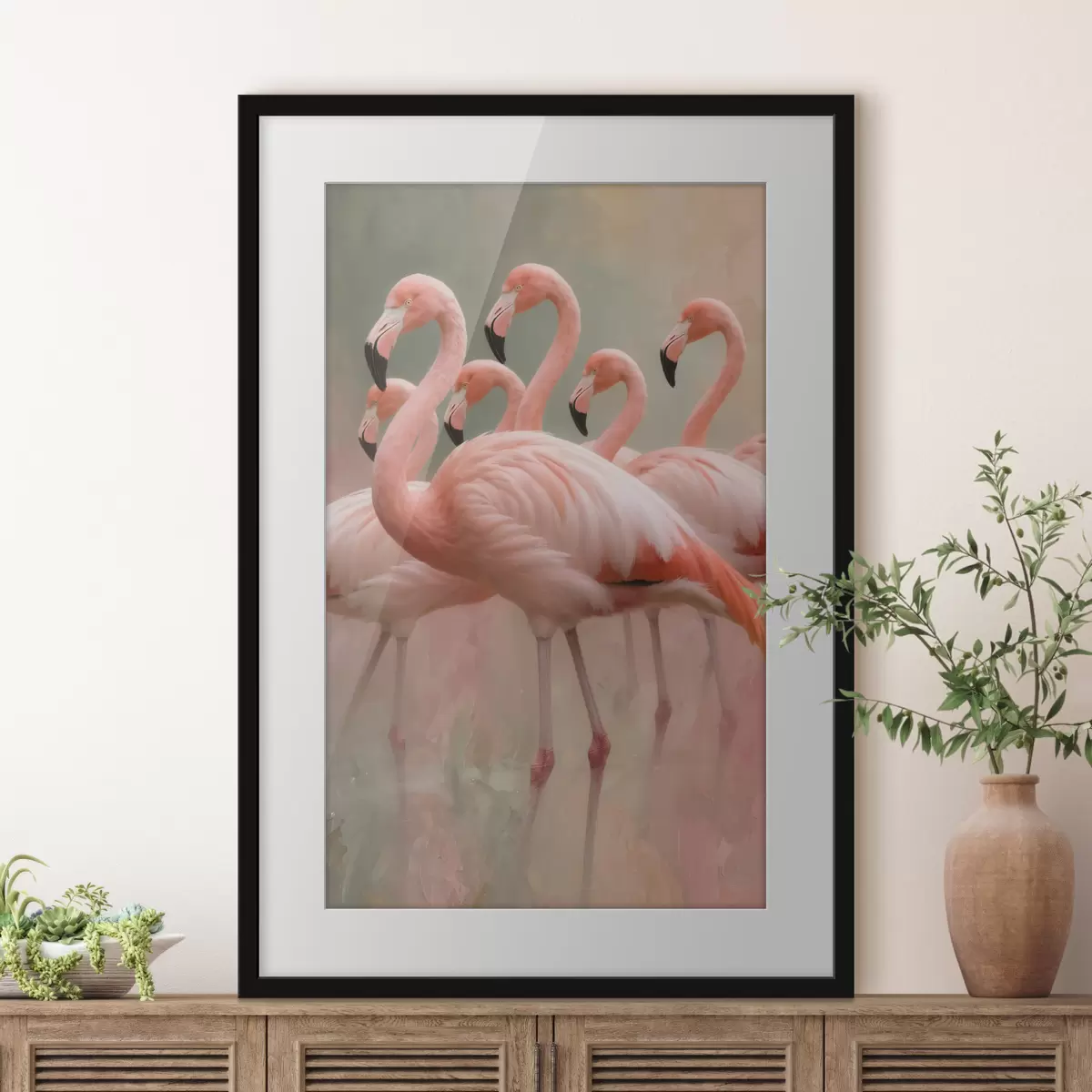 Poster Dekoratives Porträt einer Flamingoschwarm im zeitgenössischen Malstil f49727
