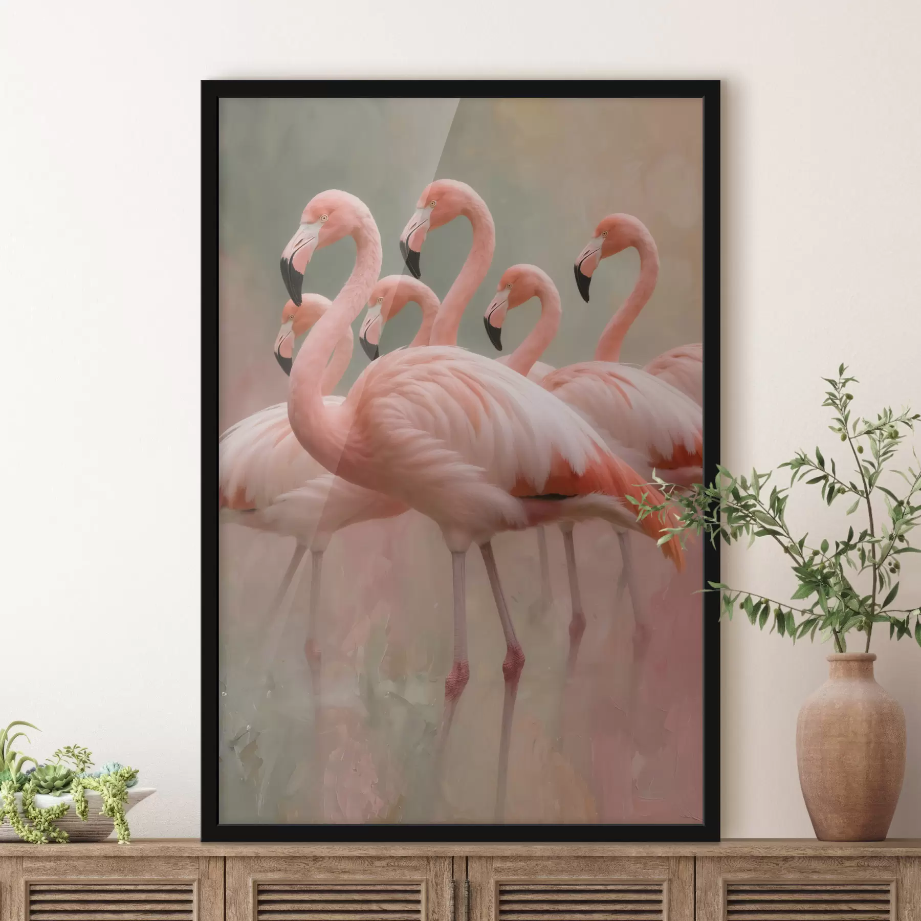 Fototapete Dekoratives Porträt einer Flamingoschwarm im zeitgenössischen Malstil f49727