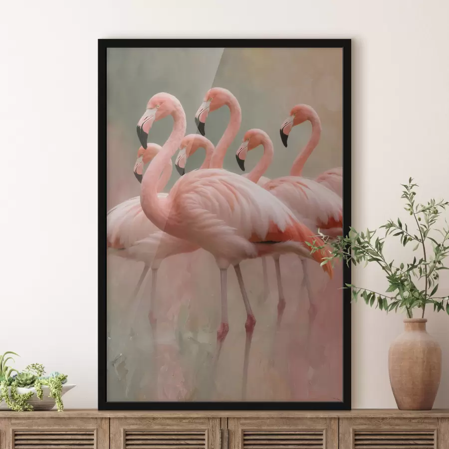 Fototapete Dekoratives Porträt einer Flamingoschwarm im zeitgenössischen Malstil f49727