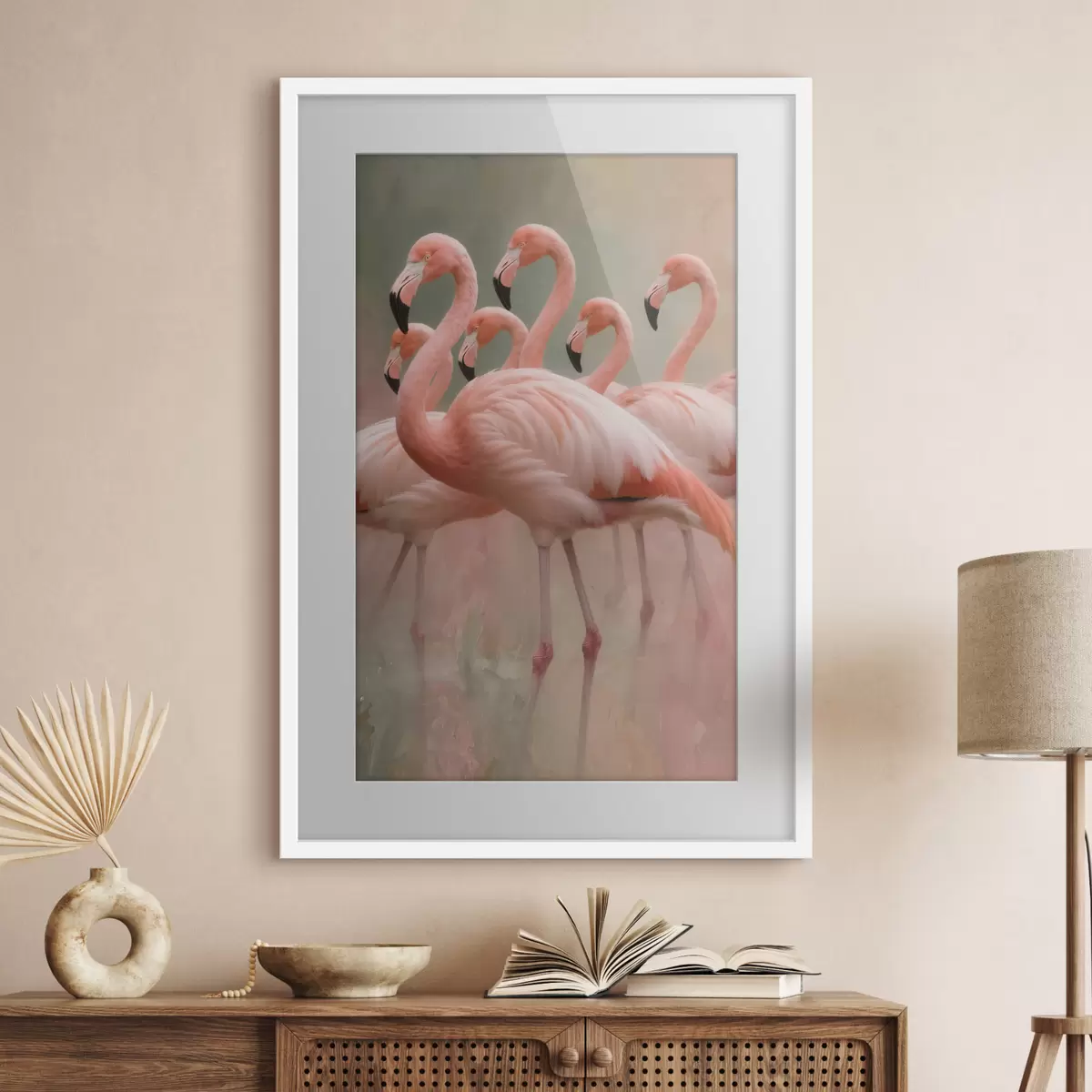 Poster Dekoratives Porträt einer Flamingoschwarm im zeitgenössischen Malstil f49727