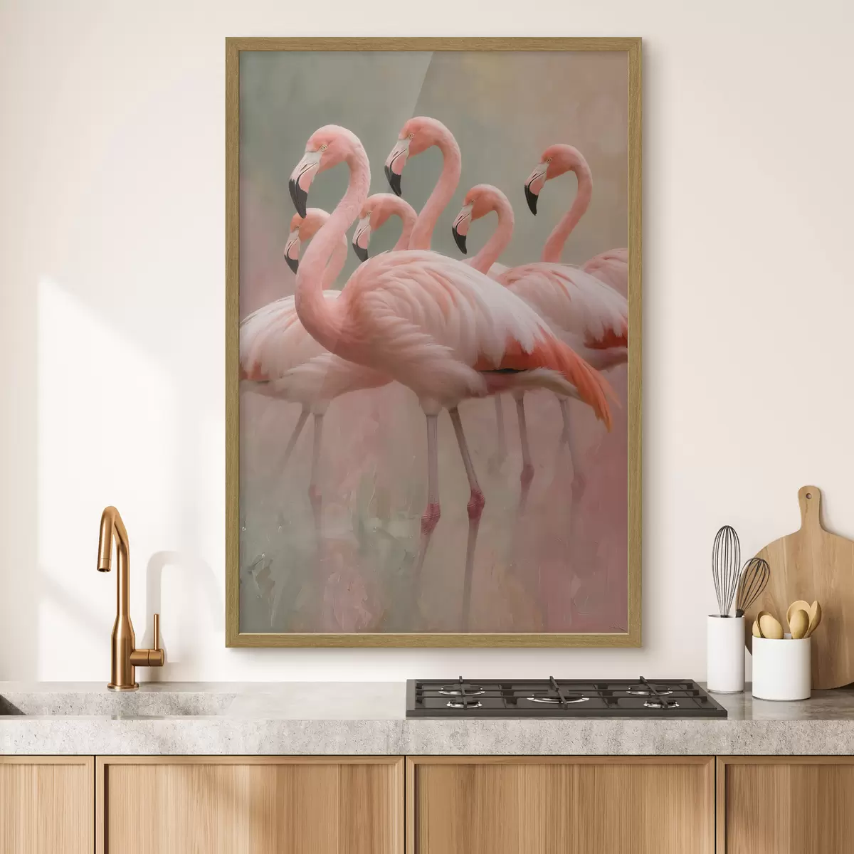 Poster Dekoratives Porträt einer Flamingoschwarm im zeitgenössischen Malstil f49727