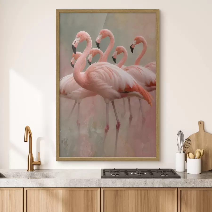 Fototapete Dekoratives Porträt einer Flamingoschwarm im zeitgenössischen Malstil f49727