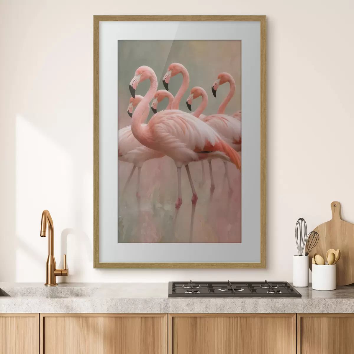 Poster Dekoratives Porträt einer Flamingoschwarm im zeitgenössischen Malstil f49727
