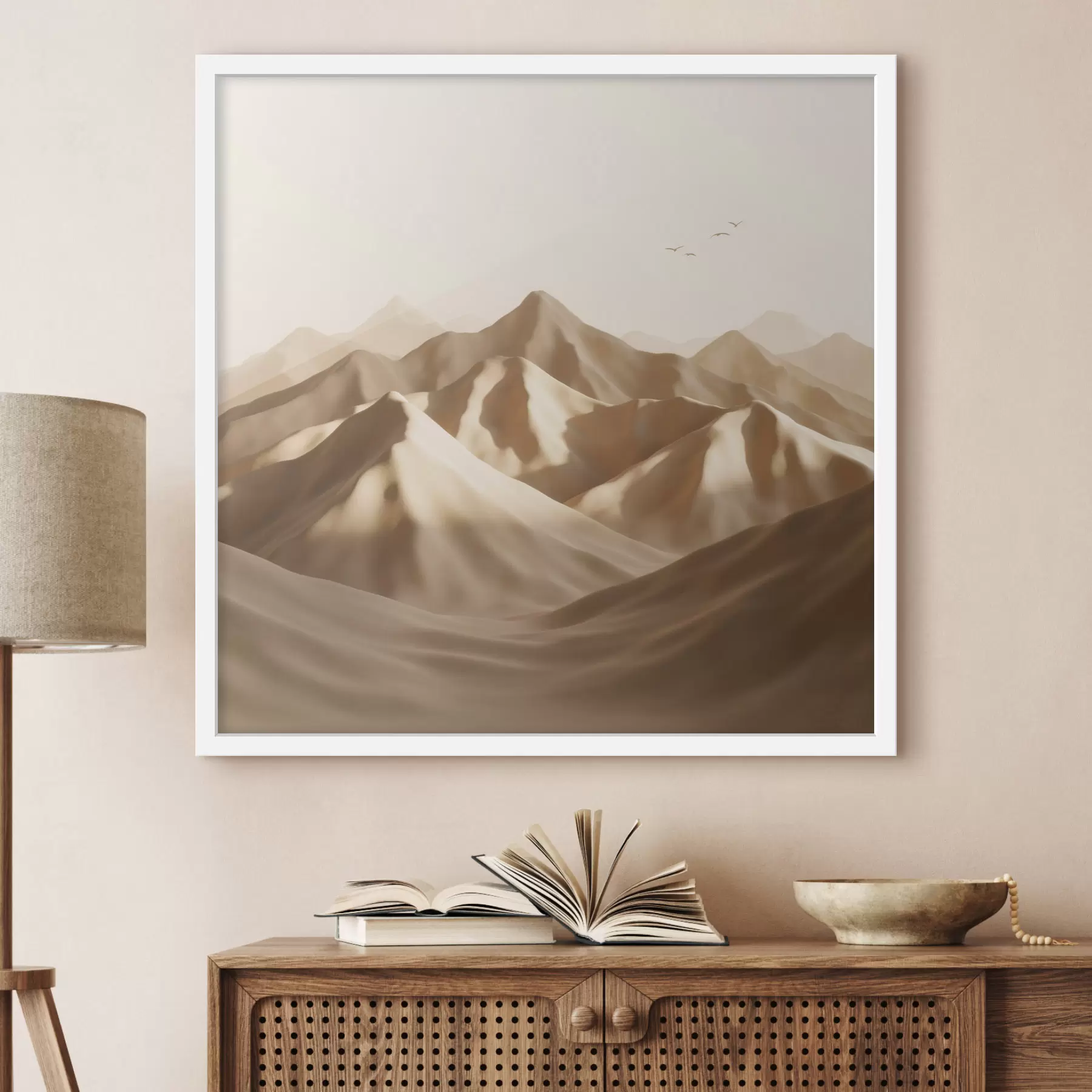 Fototapete Abstrakte Sanddünen mit Vogelsilhouetten in Pastelltönen f49729