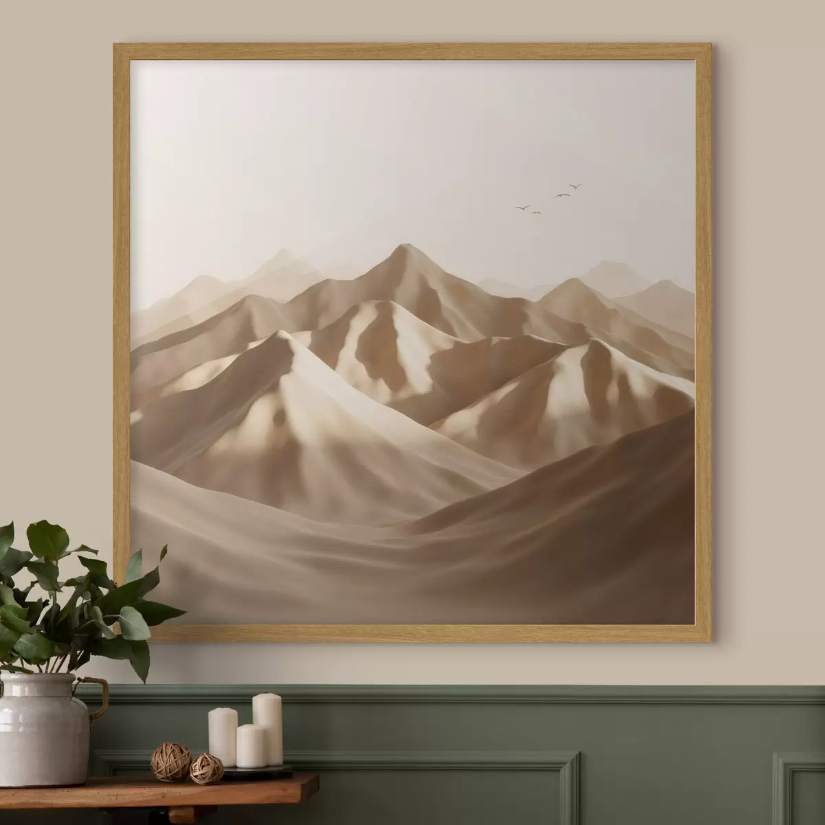 Poster Abstrakte Sanddünen mit Vogelsilhouetten in Pastelltönen f49729