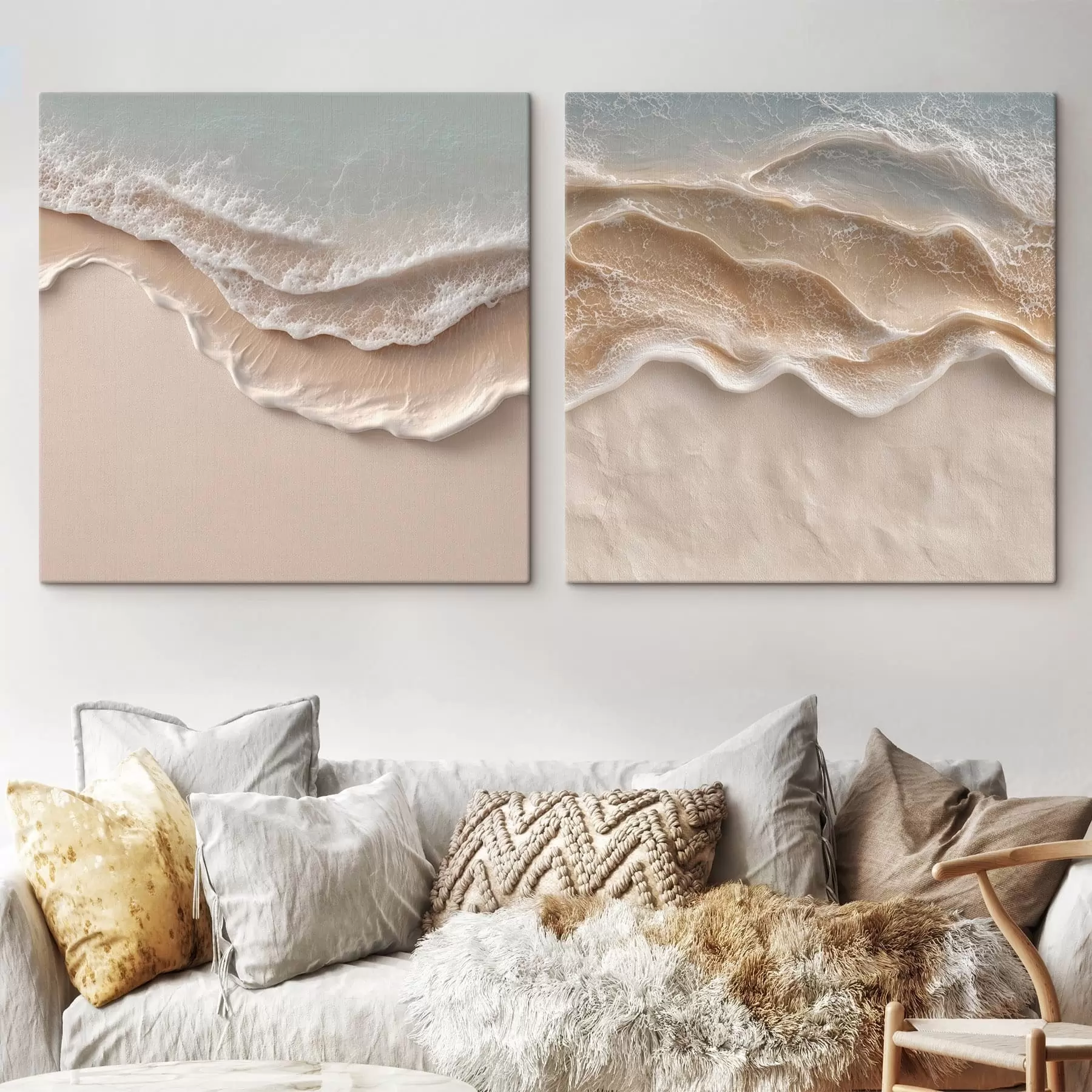 Fototapete Abstrakte Meereswellen mit weißem Schaum und weichem Sand in Pastelltönen m30651