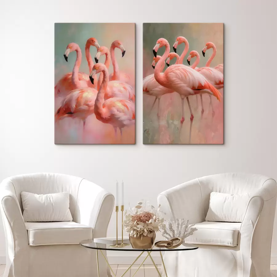 Fototapete Komposition mit einem Schwarm Flamingos vor einem sanft verschwommenen Hintergrund im zeitgenössischen Malstil m30658
