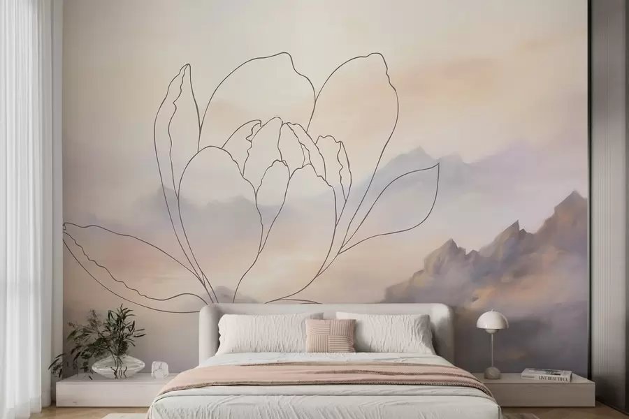 Fototapete Berglandschaft mit einer Blumensilhouette w05788