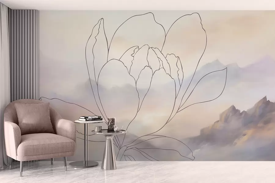 Fototapete Berglandschaft mit einer Blumensilhouette w05788