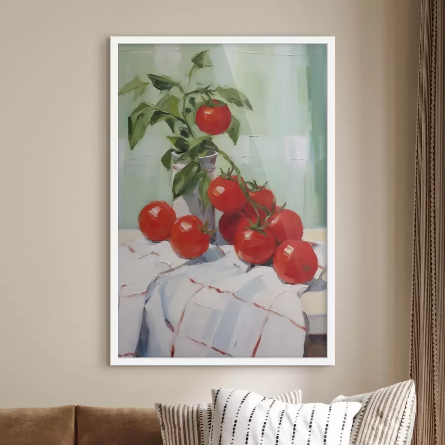 Fototapete Tomaten auf einer Tischdecke, Gemäldeimitation f50063