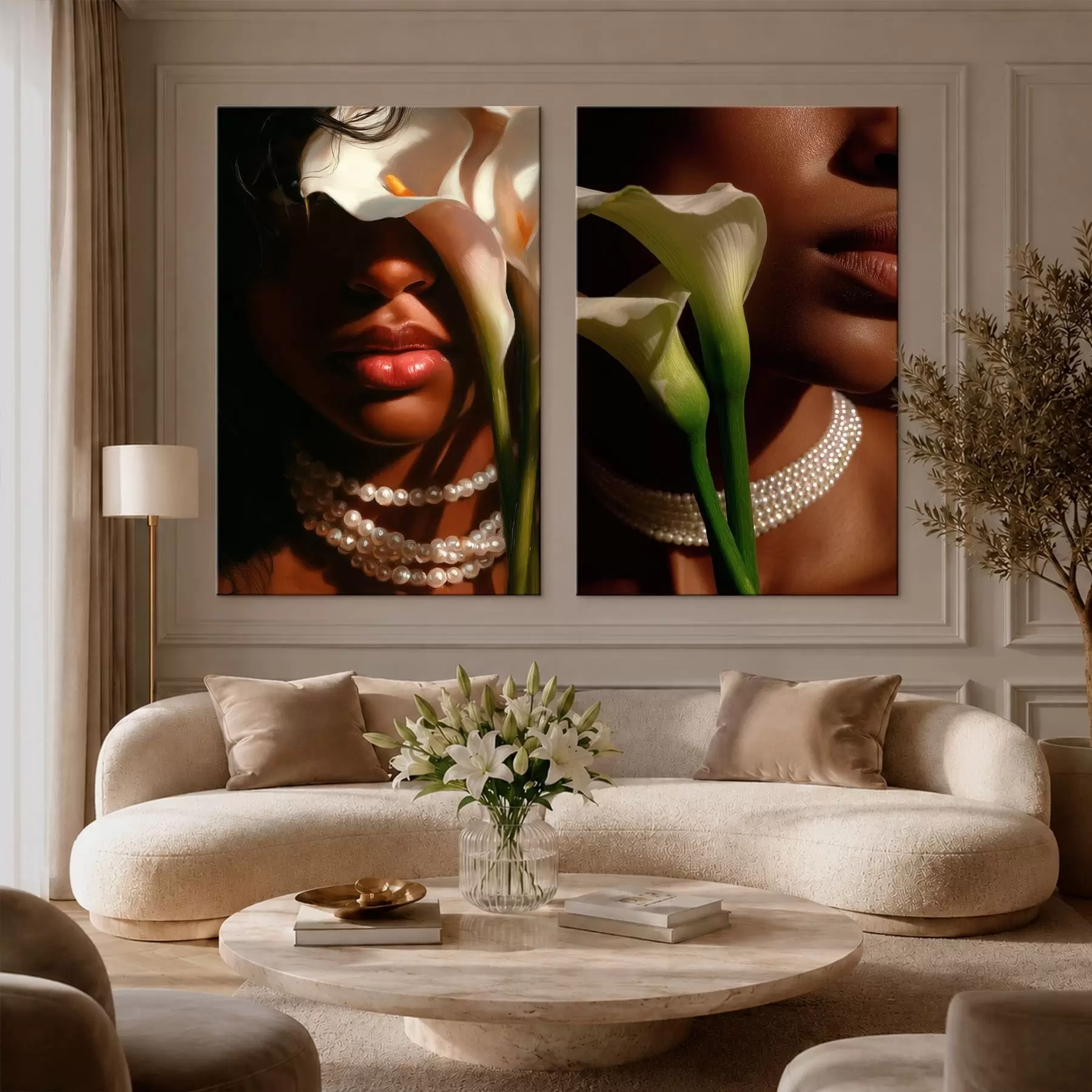 Fototapete Diptychon mit Porträts und weißen Calla-Lilien m30744