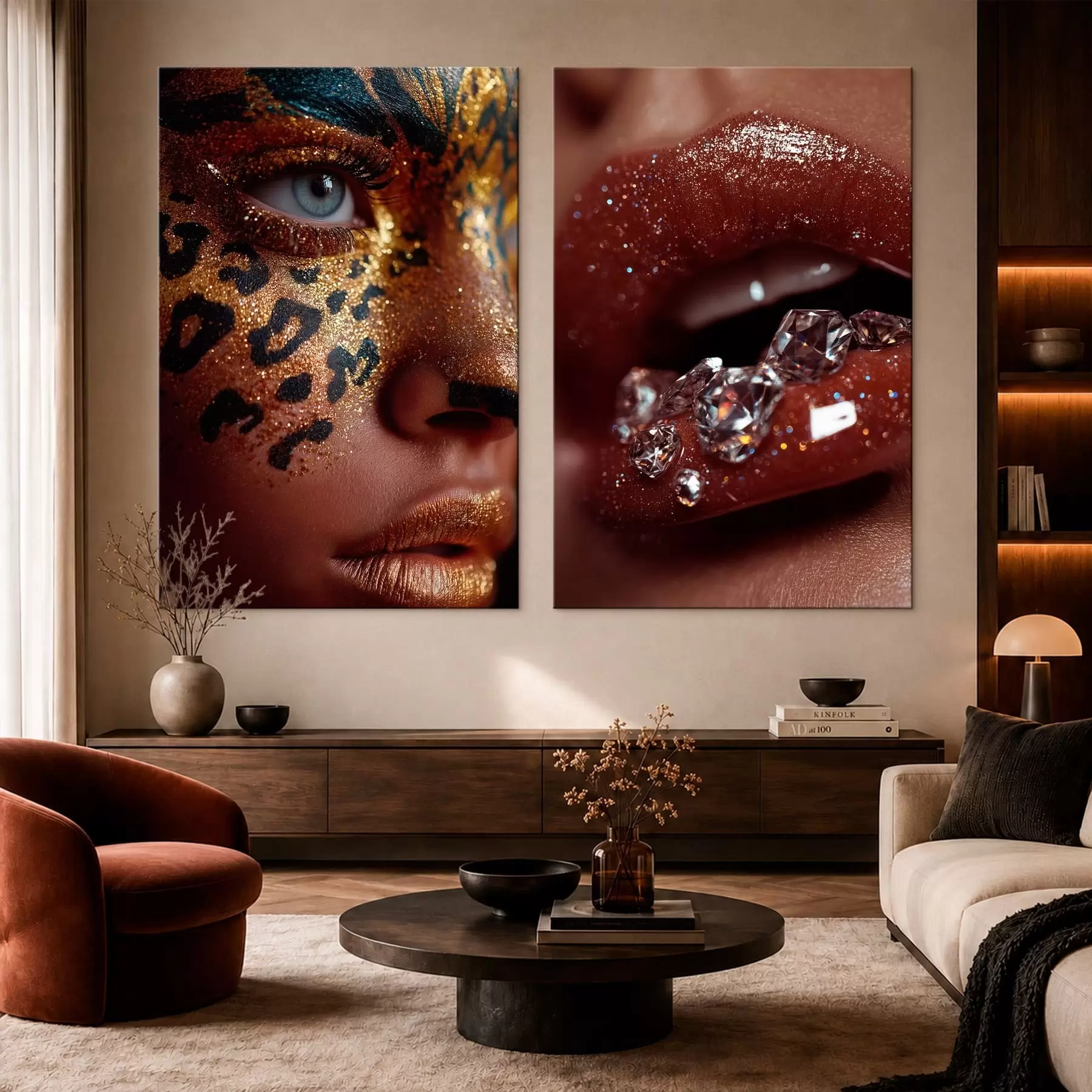 Fototapete Diptychon mit glänzenden Lippen und Make-up m30746