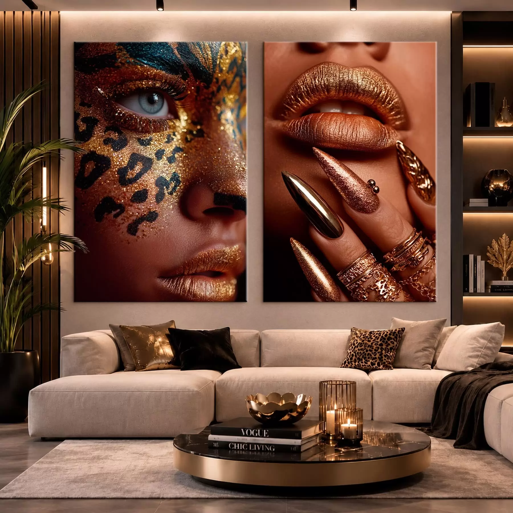 Fototapete Diptychon mit Metallic-Make-up und Gesichtsbemalung im Animal-Print-Stil m30747