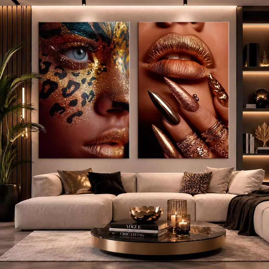 Fototapete Diptychon mit Metallic-Make-up und Gesichtsbemalung im Animal-Print-Stil m30747