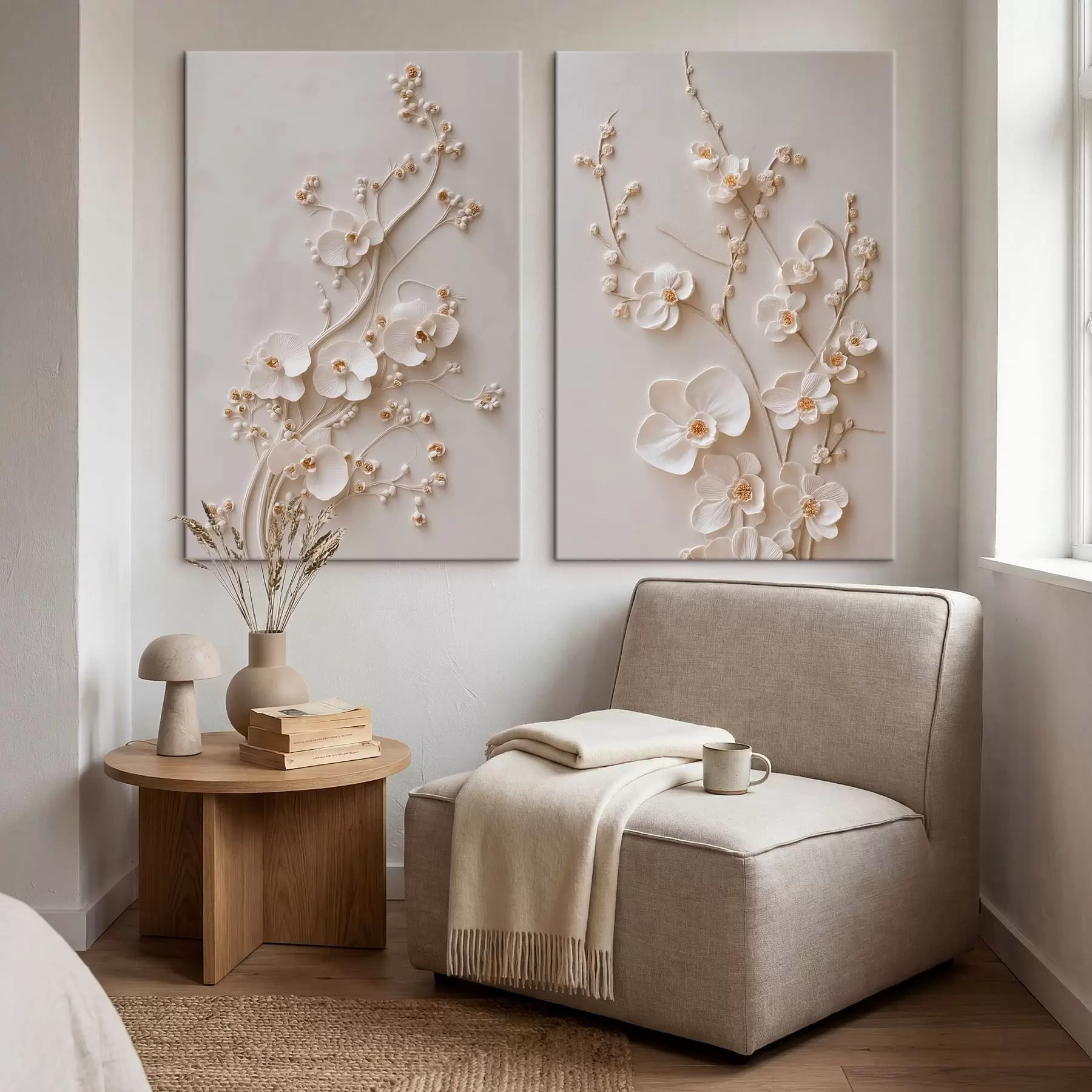 Fototapete Diptychon mit weißen Blumen und Relief-Effekt m30750