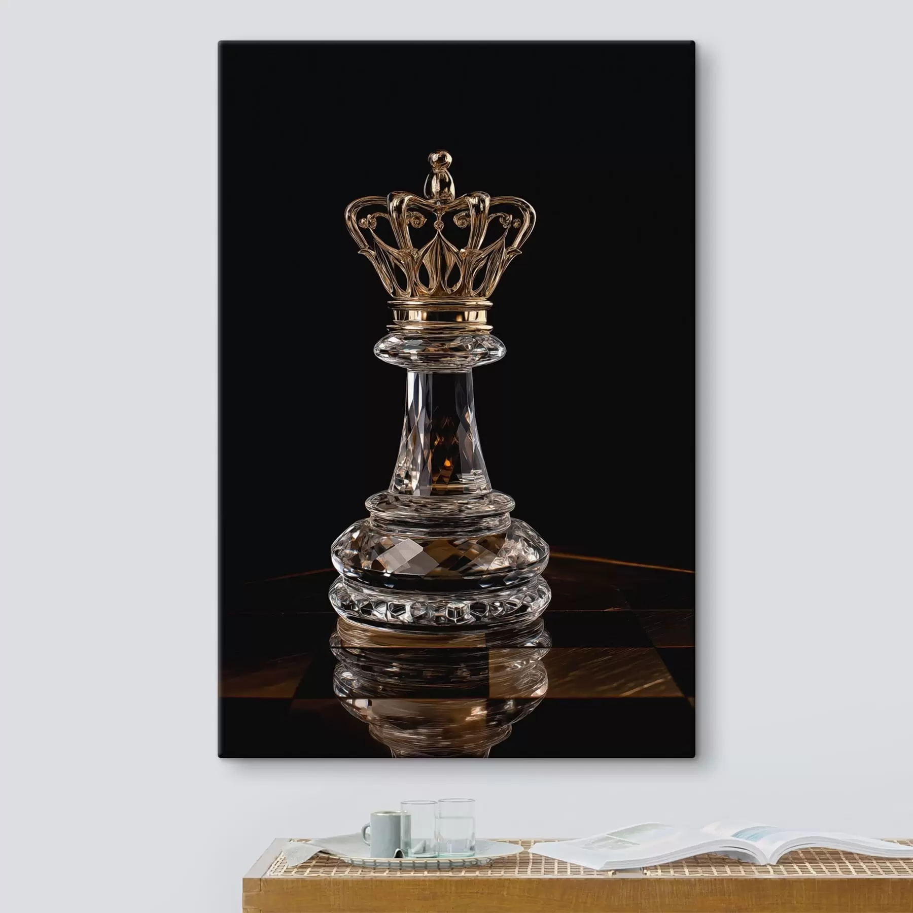 Fototapete Schachkönigin aus Glas vor dunklem Hintergrund s49946