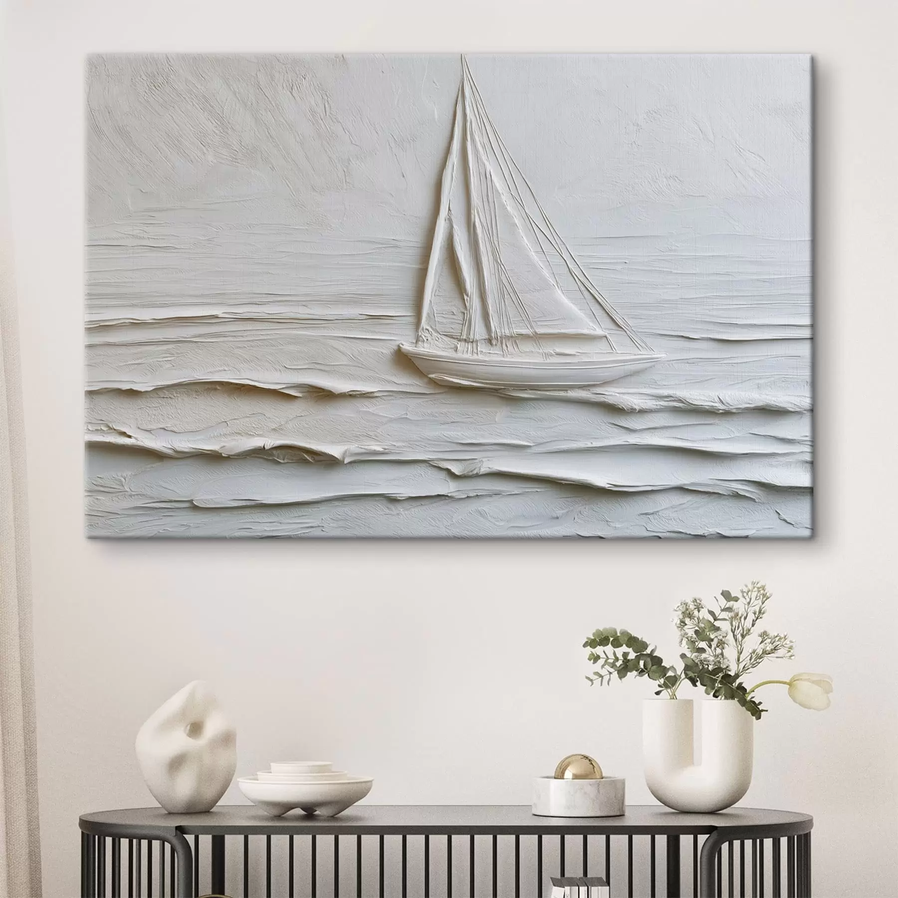 Fototapete Minimalistisches Segelboot auf dem Meer mit Relief-Effekt s49984