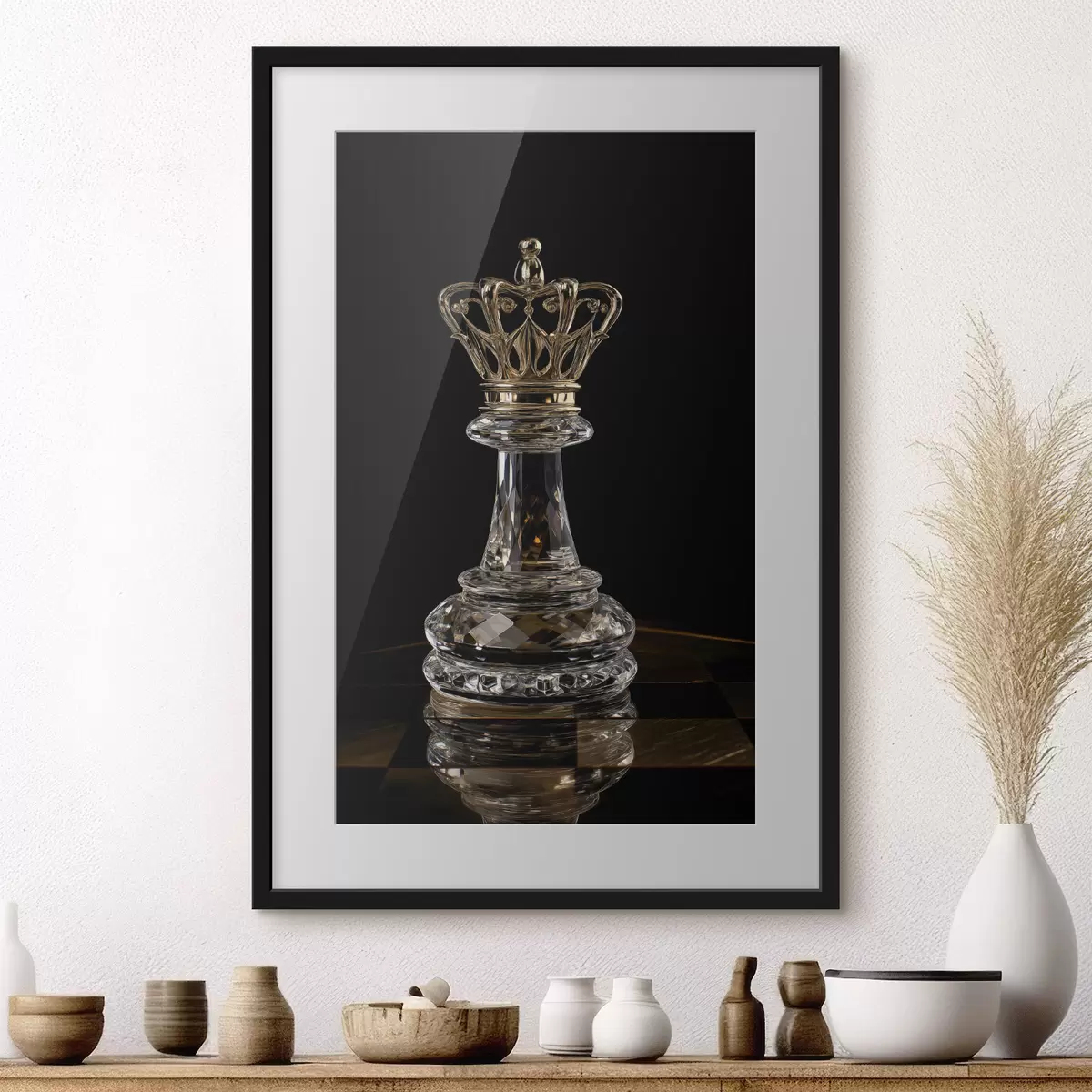 Poster Schachkönigin aus Glas vor dunklem Hintergrund f49946