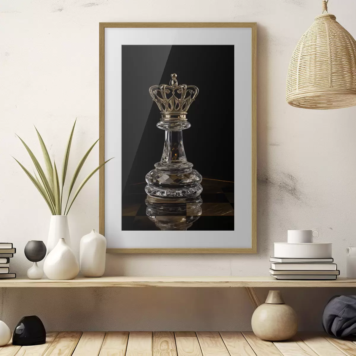 Poster Schachkönigin aus Glas vor dunklem Hintergrund f49946