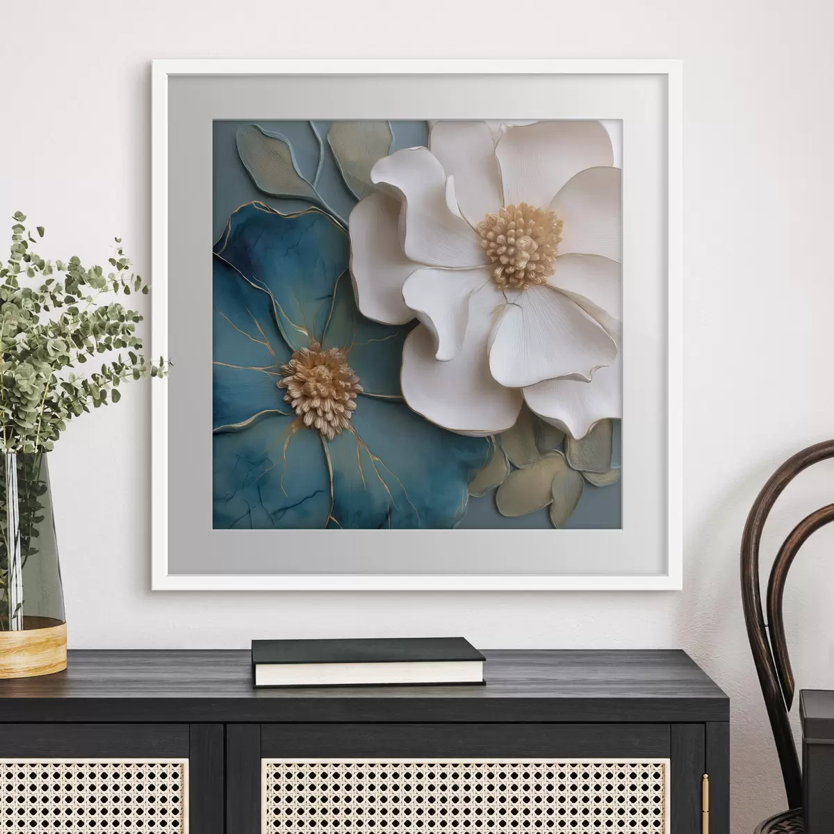 Poster Üppige Blumen in Blau und hellen Farbtönen f49947
