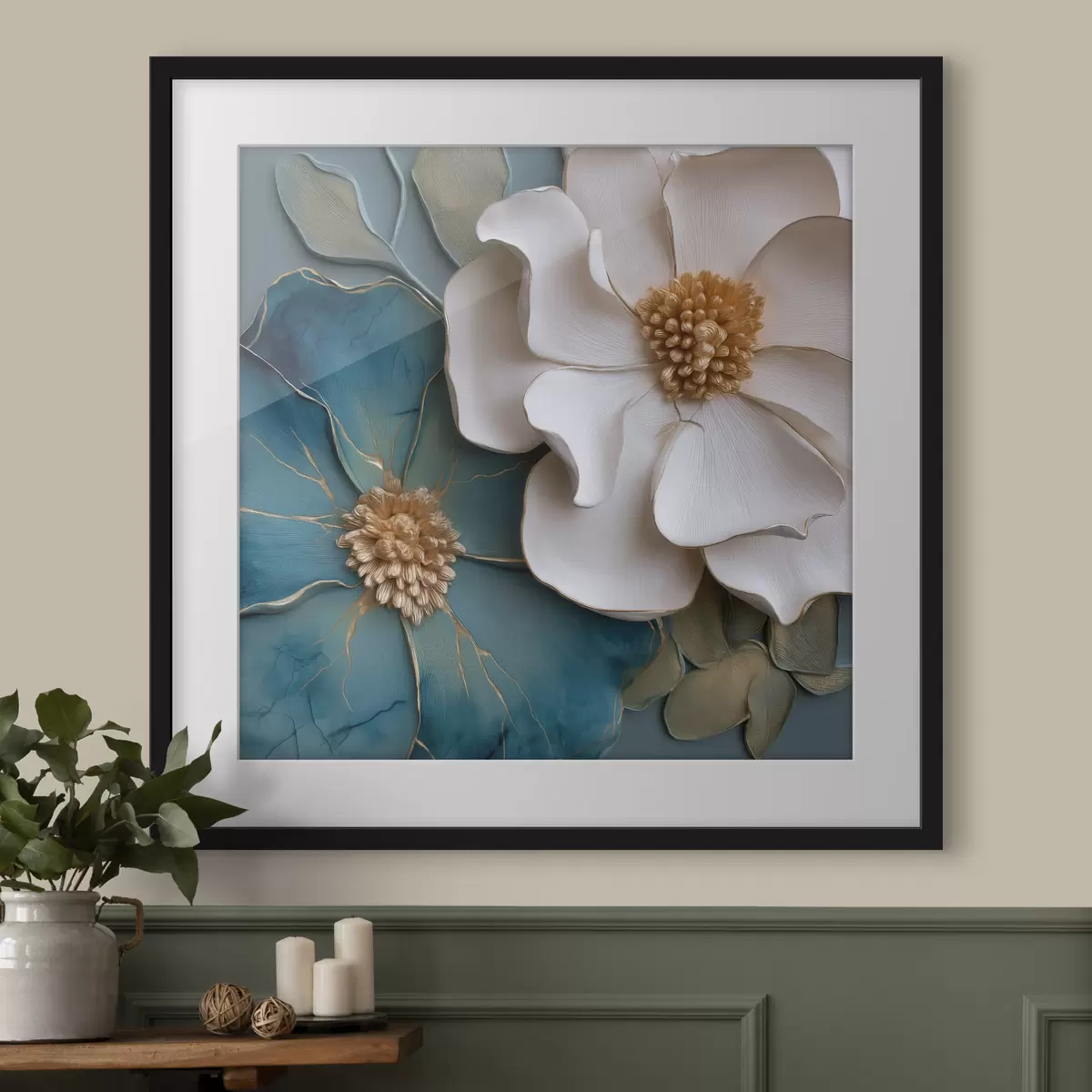 Poster Üppige Blumen in Blau und hellen Farbtönen f49947