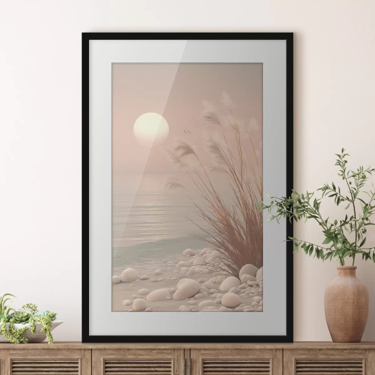 Poster Ruhiges Ufer mit Gräsern im Morgengrauen f49949