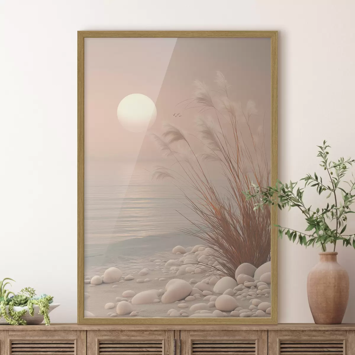 Poster Ruhiges Ufer mit Gräsern im Morgengrauen f49949